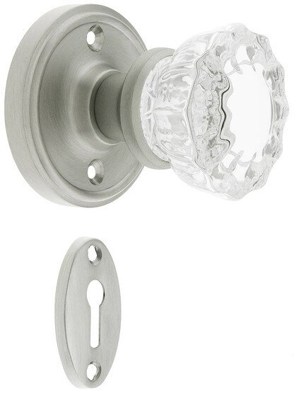 Classic Rosette Mortise Lock Set With Fluted Crystal Door Knobs in Satin Nickel.